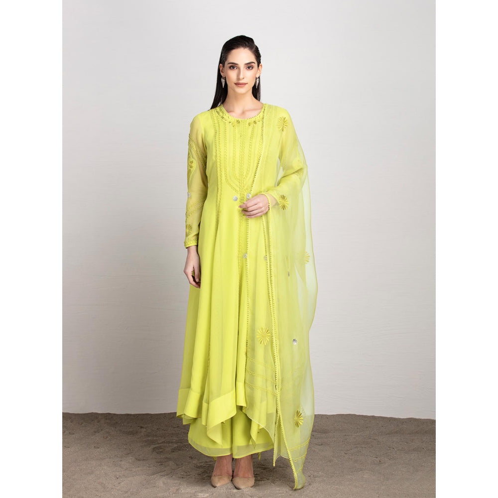 AMPM Georgette Isabis Lime Yellow Anarkali Set (Set Of 3)