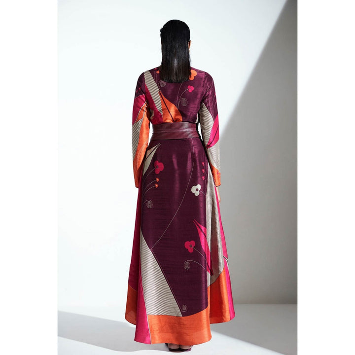 AMPM Burgundy Floral Naima Silk Jacket With Inner & Belt (Set of 2)