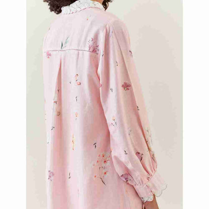 Anantaa by Roohi Trehan Pink Botanical Print Cotton Linen Kurta With Scalloped Net Collar