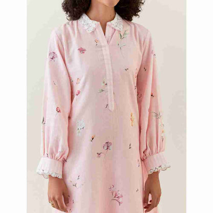 Anantaa by Roohi Trehan Pink Botanical Print Cotton Linen Kurta With Scalloped Net Collar