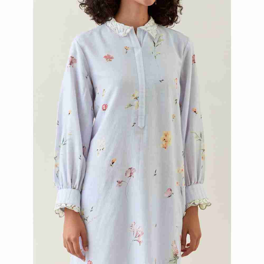 Anantaa by Roohi Trehan Blue Botanical Print Cotton Linen Kurta With Scalloped Net Collar