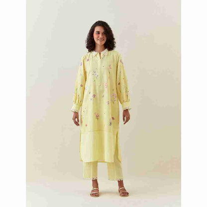 Anantaa by Roohi Trehan Yellow Botanical Print Cotton Linen Kurta With Scalloped Net Collar