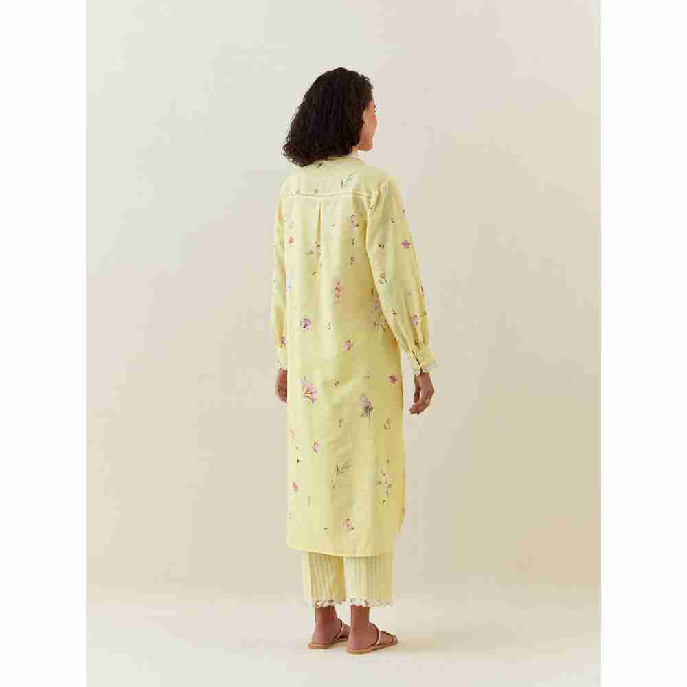 Anantaa by Roohi Trehan Yellow Botanical Print Cotton Linen Kurta With Scalloped Net Collar