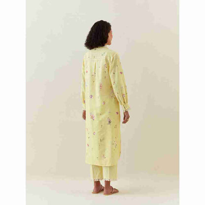 Anantaa by Roohi Trehan Yellow Botanical Print Cotton Linen Kurta With Scalloped Net Collar