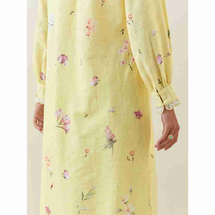 Anantaa by Roohi Trehan Yellow Botanical Print Cotton Linen Kurta With Scalloped Net Collar