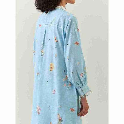 Anantaa by Roohi Trehan Blue Botanical Print Cotton Linen Kurta With Scalloped Net Collar