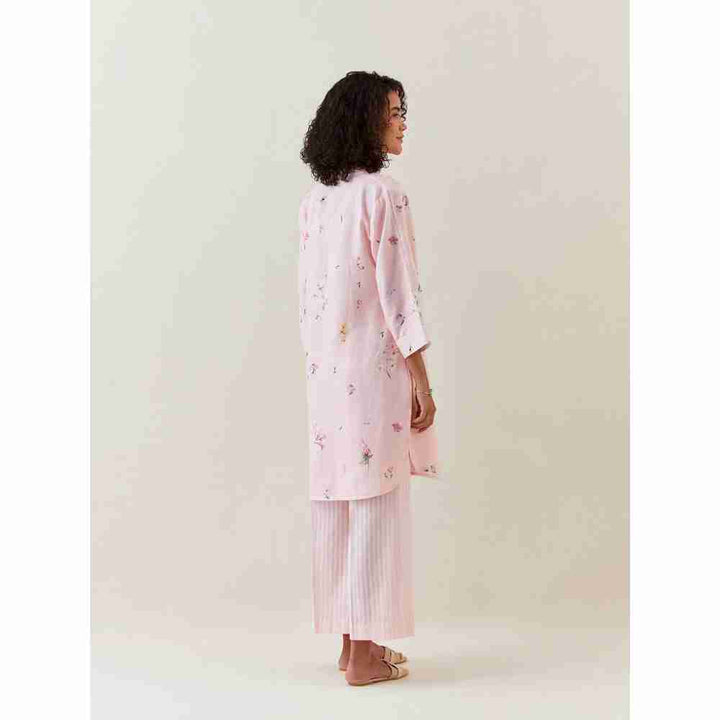 Anantaa by Roohi Trehan Pink Botanical Print Mid Length Cotton Linen Kurta With Yoke Placket
