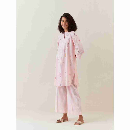 Anantaa by Roohi Trehan Pink Botanical Print Mid Length Cotton Linen Kurta With Yoke Placket