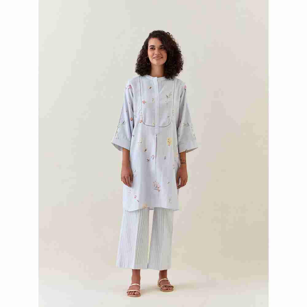 Anantaa by Roohi Trehan Blue Botanical Print Mid Length Cotton Linen Kurta With Yoke Placket