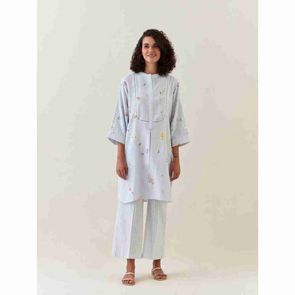 Anantaa by Roohi Trehan Blue Botanical Print Mid Length Cotton Linen Kurta With Yoke Placket