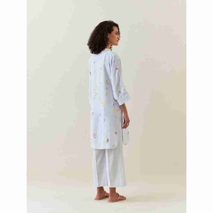 Anantaa by Roohi Trehan Blue Botanical Print Mid Length Cotton Linen Kurta With Yoke Placket