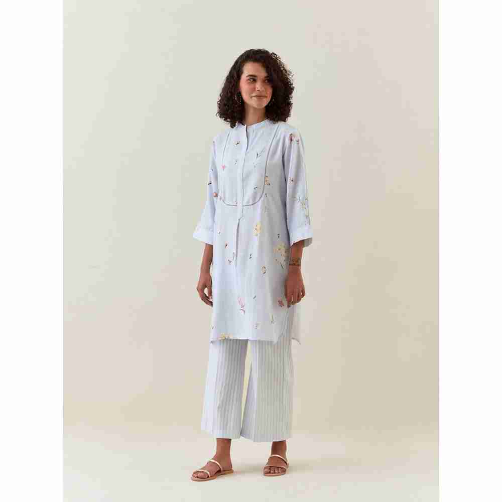 Anantaa by Roohi Trehan Blue Botanical Print Mid Length Cotton Linen Kurta With Yoke Placket