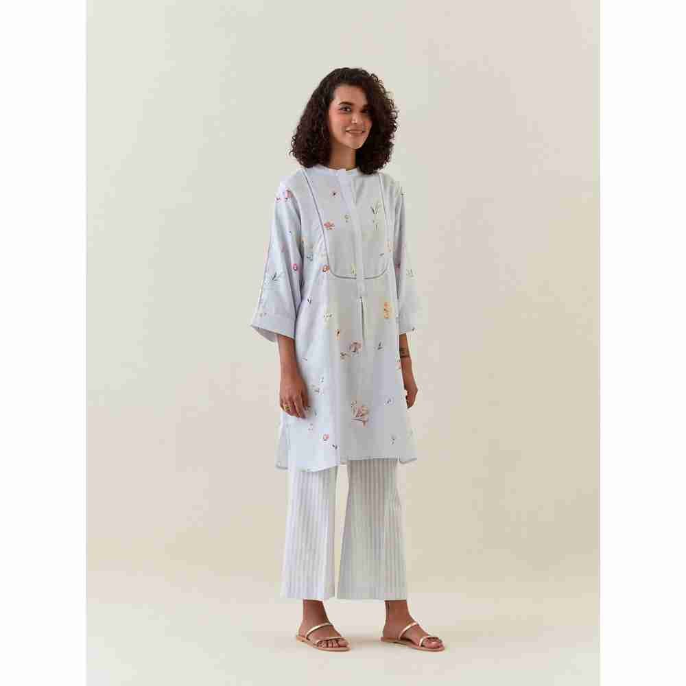 Anantaa by Roohi Trehan Blue Botanical Print Mid Length Cotton Linen Kurta With Yoke Placket