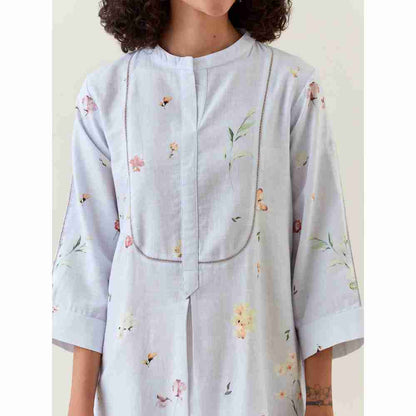 Anantaa by Roohi Trehan Blue Botanical Print Mid Length Cotton Linen Kurta With Yoke Placket