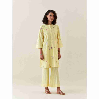 Anantaa by Roohi Trehan Yellow Botanical Print Mid Length Cotton Linen Kurta With Yoke Placket