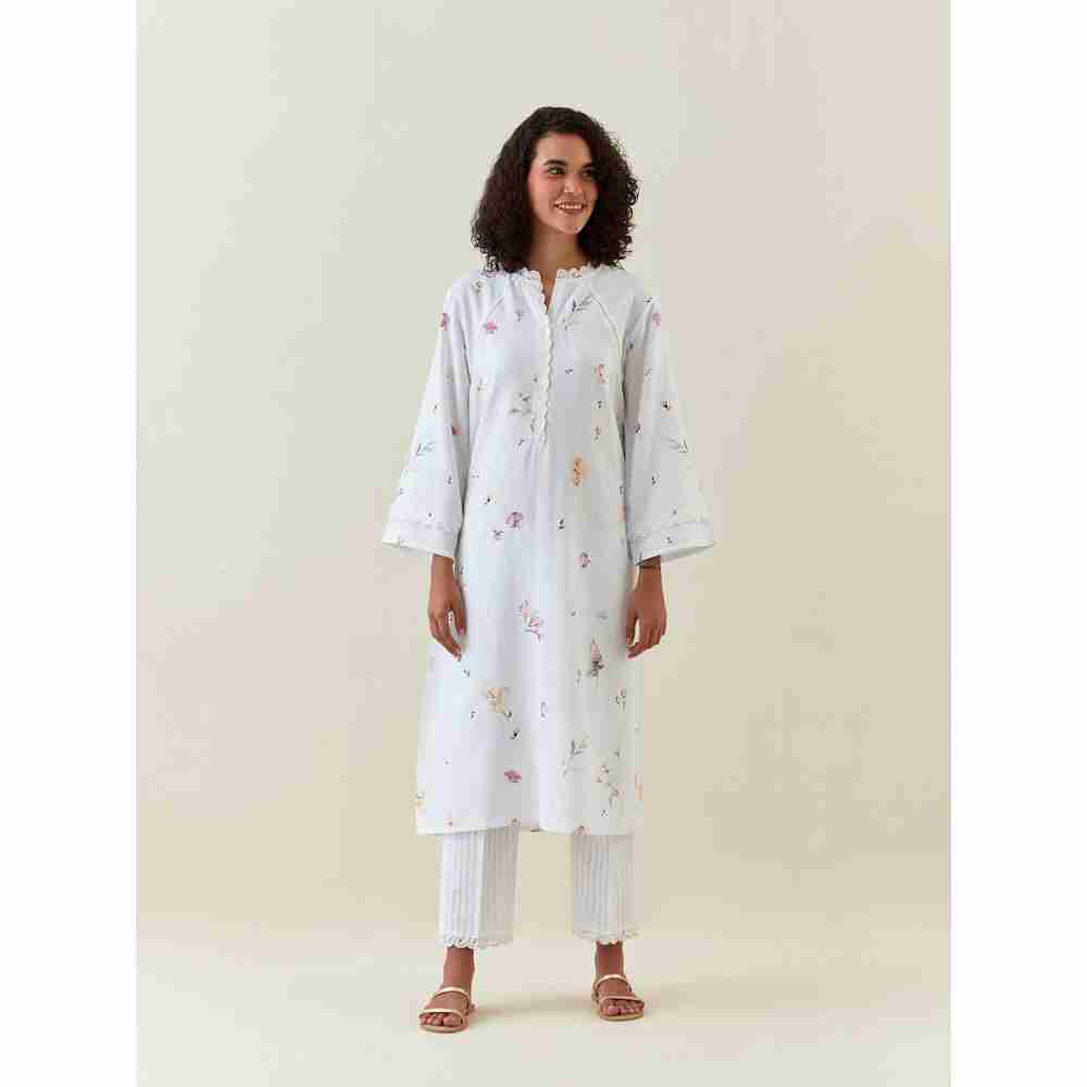 Anantaa by Roohi Trehan White Botanical Print Cotton Linen Kurta With Net Placket