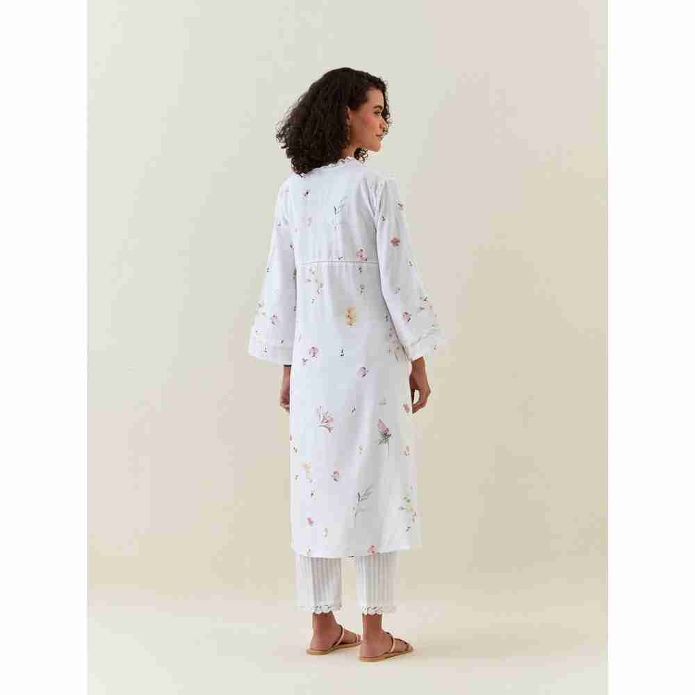 Anantaa by Roohi Trehan White Botanical Print Cotton Linen Kurta With Net Placket