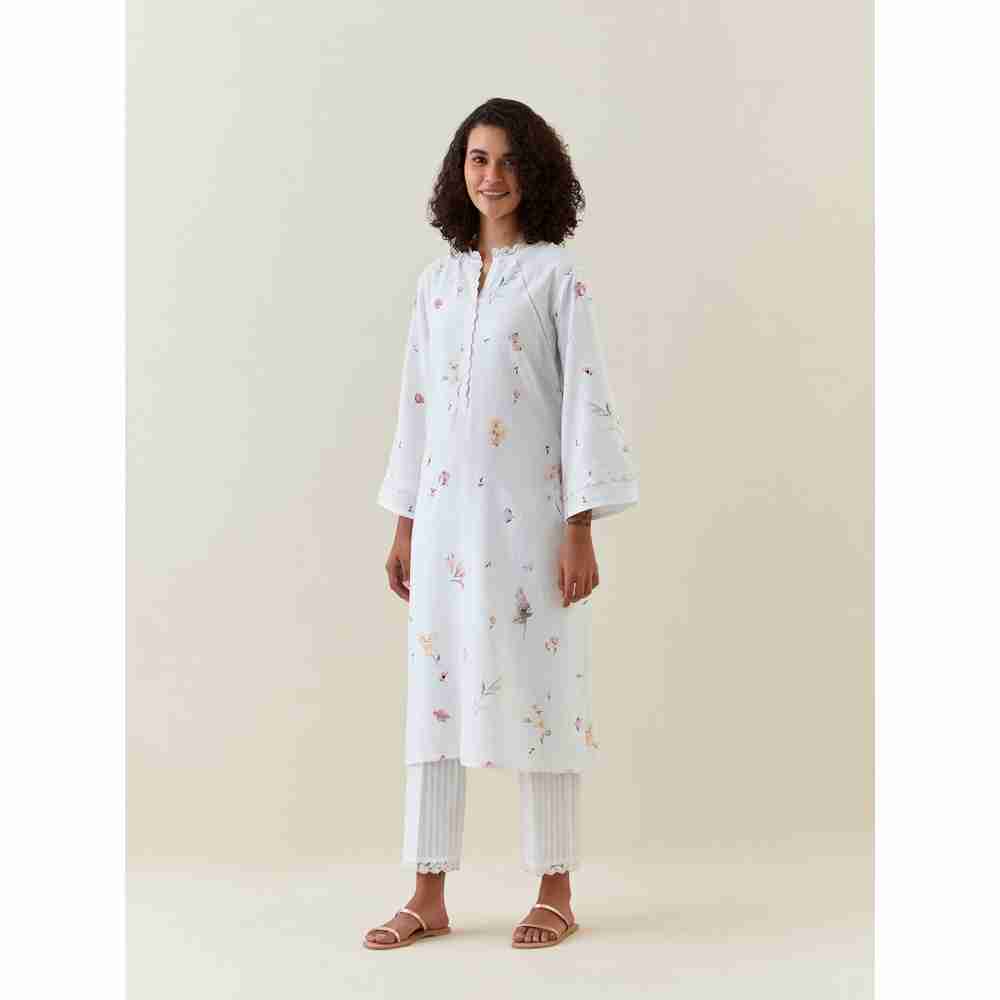 Anantaa by Roohi Trehan White Botanical Print Cotton Linen Kurta With Net Placket