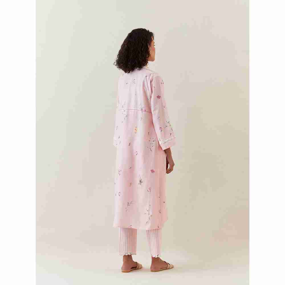 Anantaa by Roohi Trehan Pink Botanical Print Cotton Linen Kurta With Net Placket