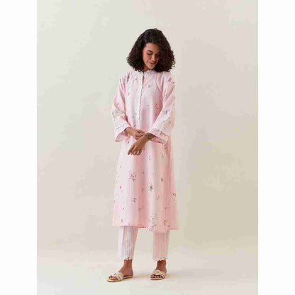 Anantaa by Roohi Trehan Pink Botanical Print Cotton Linen Kurta With Net Placket