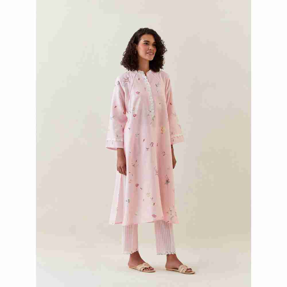 Anantaa by Roohi Trehan Pink Botanical Print Cotton Linen Kurta With Net Placket