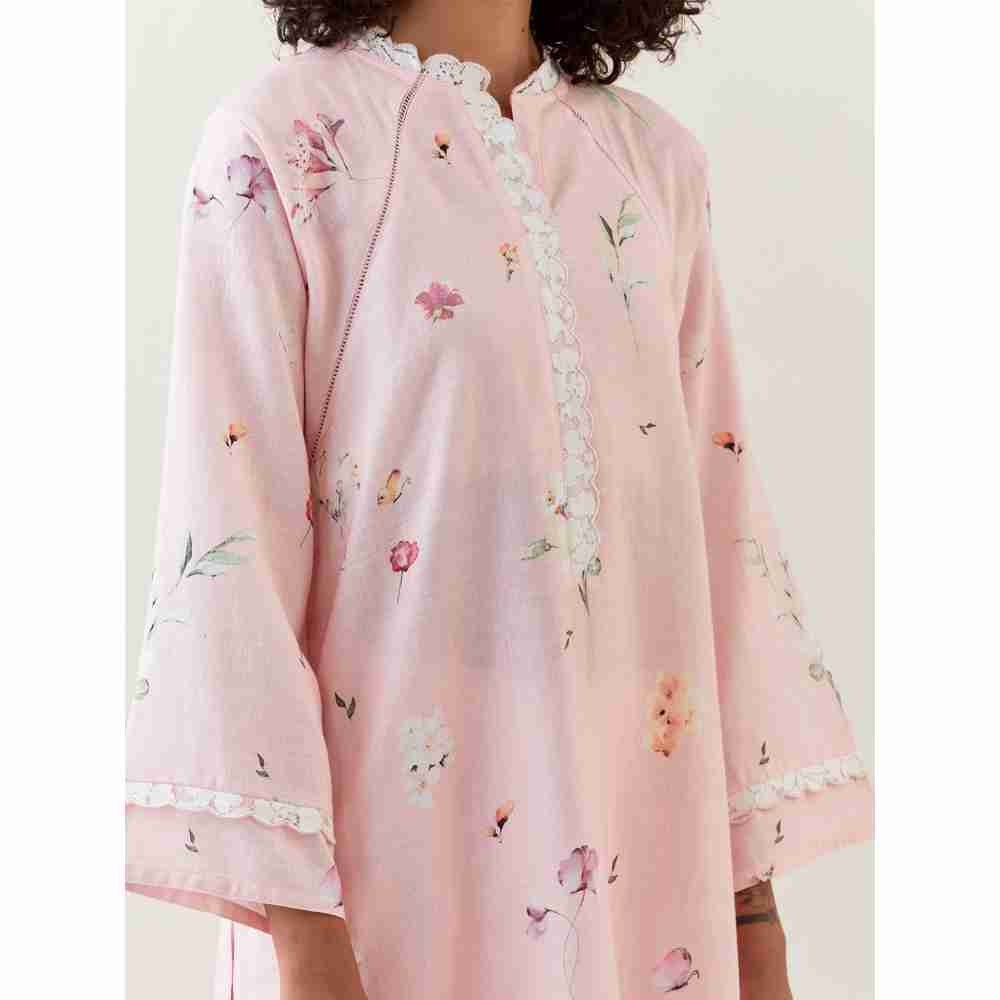 Anantaa by Roohi Trehan Pink Botanical Print Cotton Linen Kurta With Net Placket