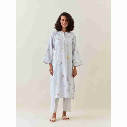 Anantaa by Roohi Trehan Blue Botanical Print Cotton Linen Kurta With Net Placket