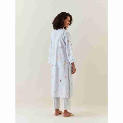 Anantaa by Roohi Trehan Blue Botanical Print Cotton Linen Kurta With Net Placket
