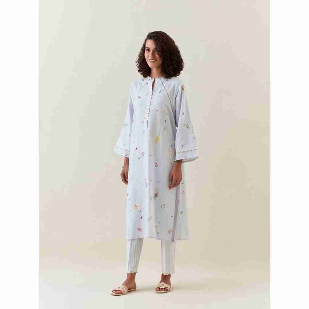 Anantaa by Roohi Trehan Blue Botanical Print Cotton Linen Kurta With Net Placket
