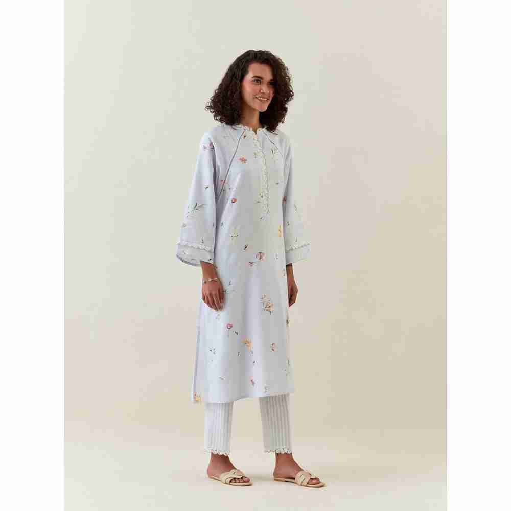 Anantaa by Roohi Trehan Blue Botanical Print Cotton Linen Kurta With Net Placket