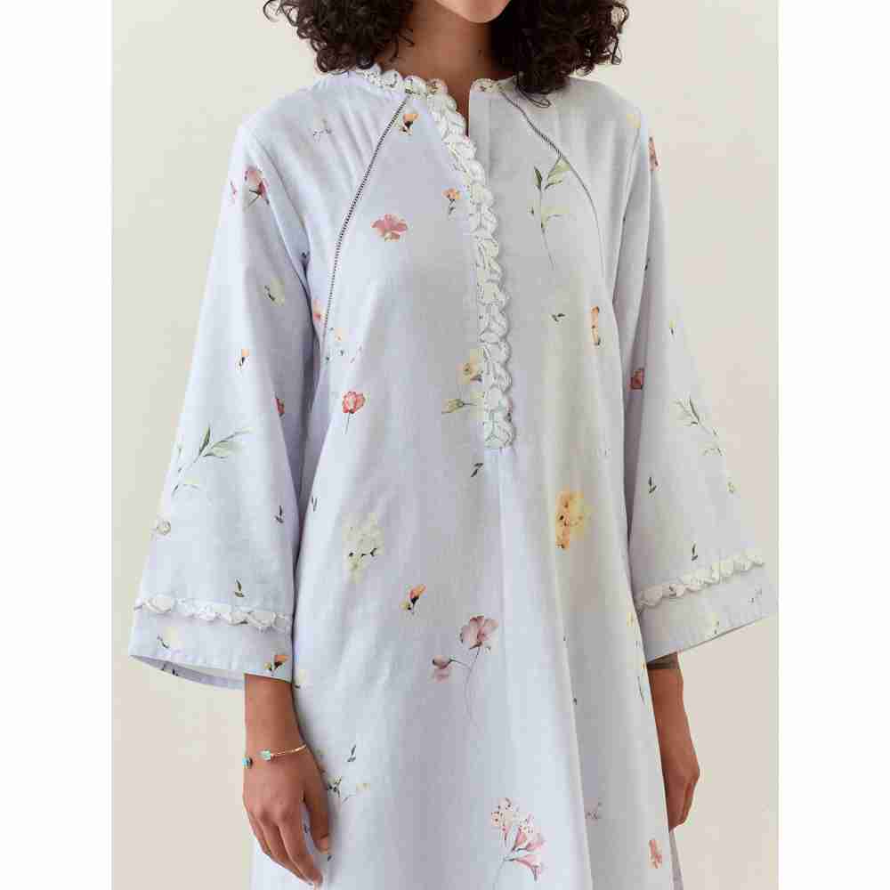 Anantaa by Roohi Trehan Blue Botanical Print Cotton Linen Kurta With Net Placket
