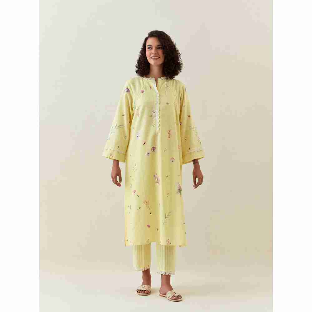 Anantaa by Roohi Trehan Yellow Botanical Print Cotton Linen Kurta With Net Placket