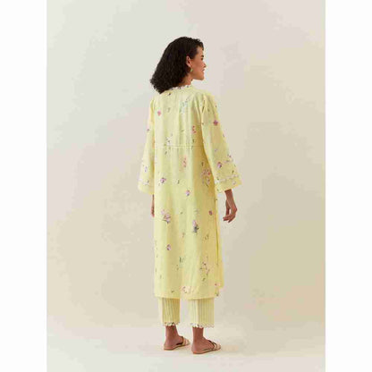 Anantaa by Roohi Trehan Yellow Botanical Print Cotton Linen Kurta With Net Placket