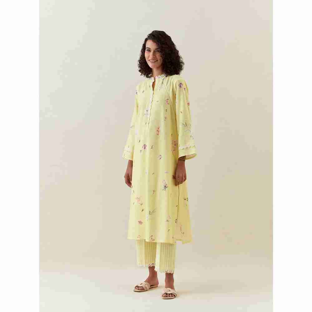 Anantaa by Roohi Trehan Yellow Botanical Print Cotton Linen Kurta With Net Placket