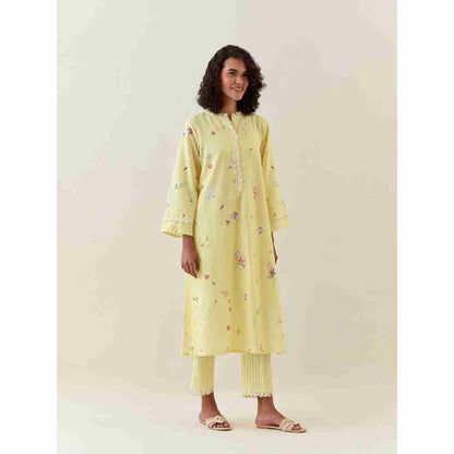 Anantaa by Roohi Trehan Yellow Botanical Print Cotton Linen Kurta With Net Placket