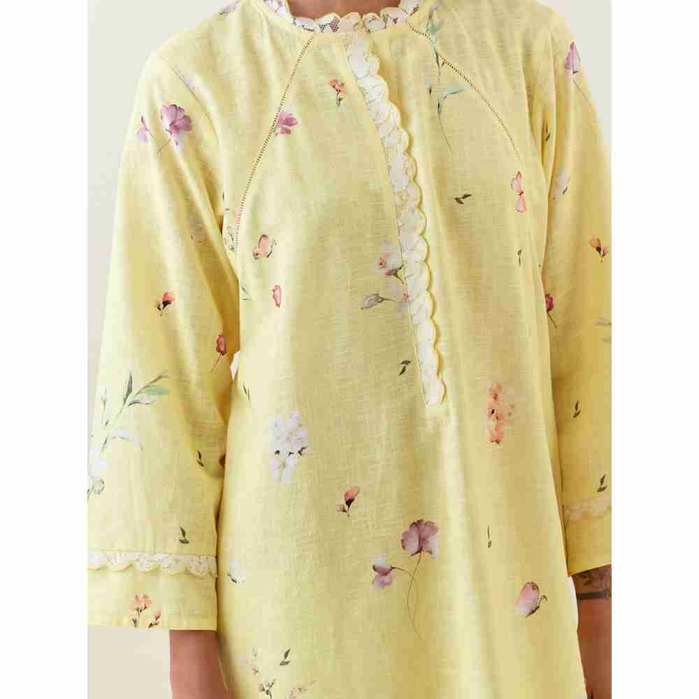 Anantaa by Roohi Trehan Yellow Botanical Print Cotton Linen Kurta With Net Placket