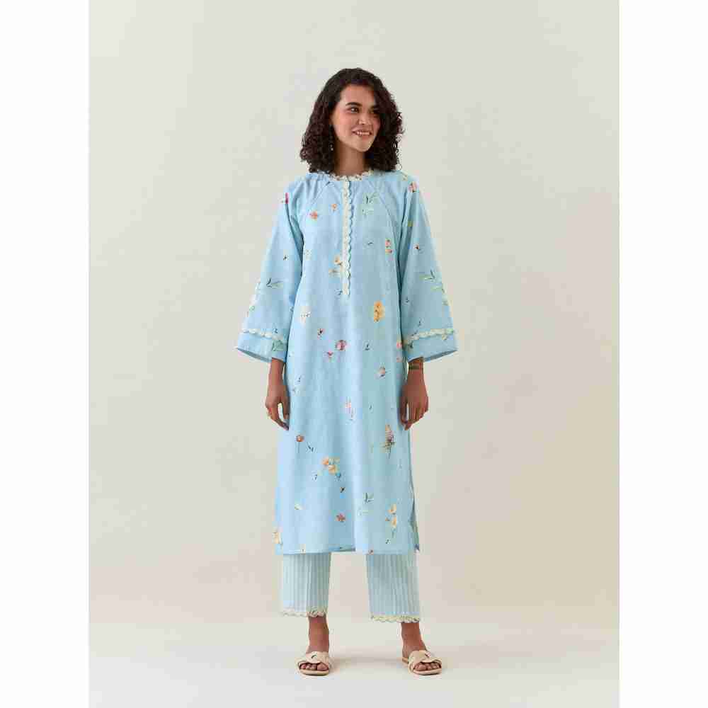 Anantaa by Roohi Trehan Blue Botanical Print Cotton Linen Kurta With Net Placket
