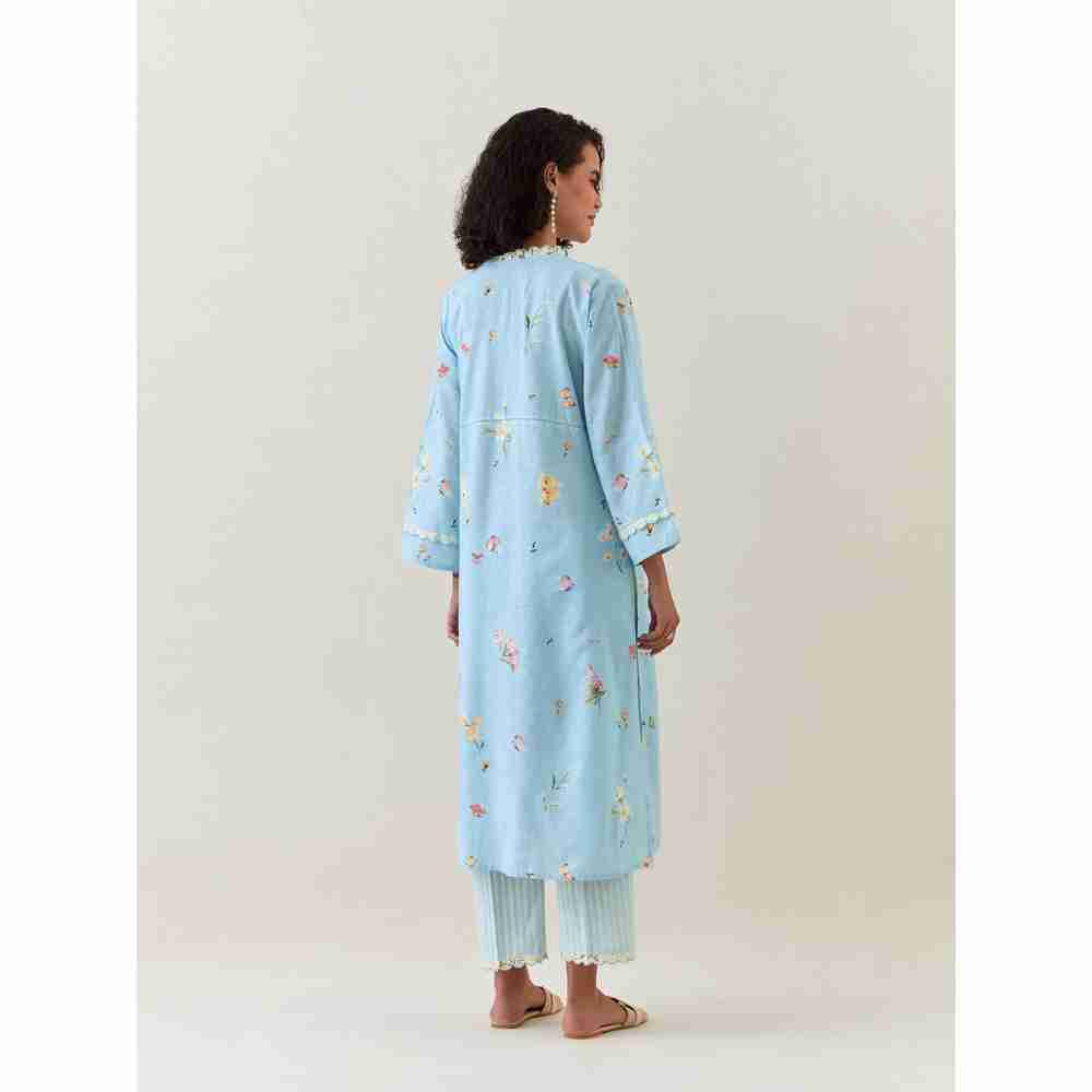Anantaa by Roohi Trehan Blue Botanical Print Cotton Linen Kurta With Net Placket