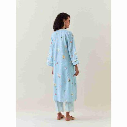 Anantaa by Roohi Trehan Blue Botanical Print Cotton Linen Kurta With Net Placket