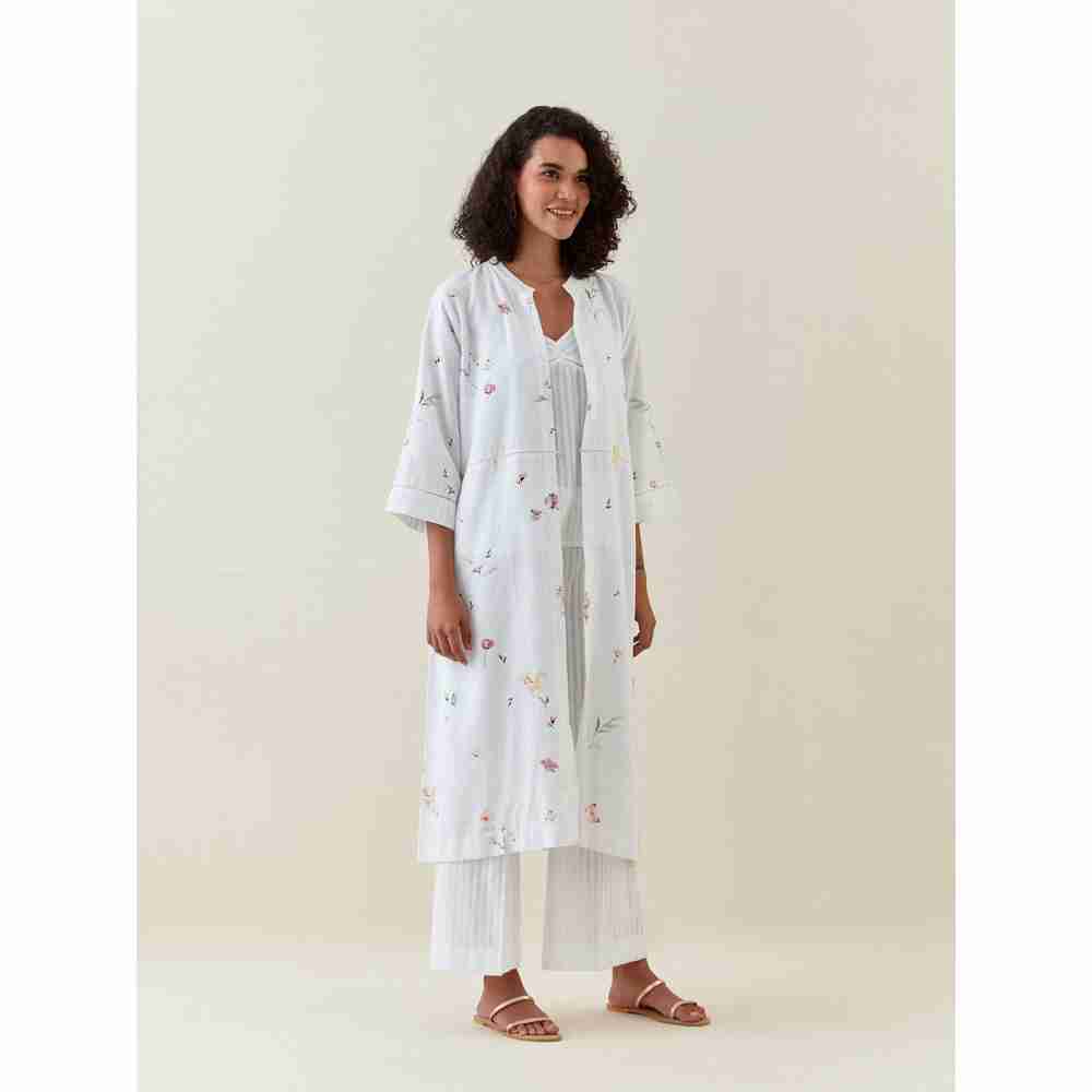 Anantaa by Roohi Trehan White Botanical Print Front Open Cotton Linen Jacket