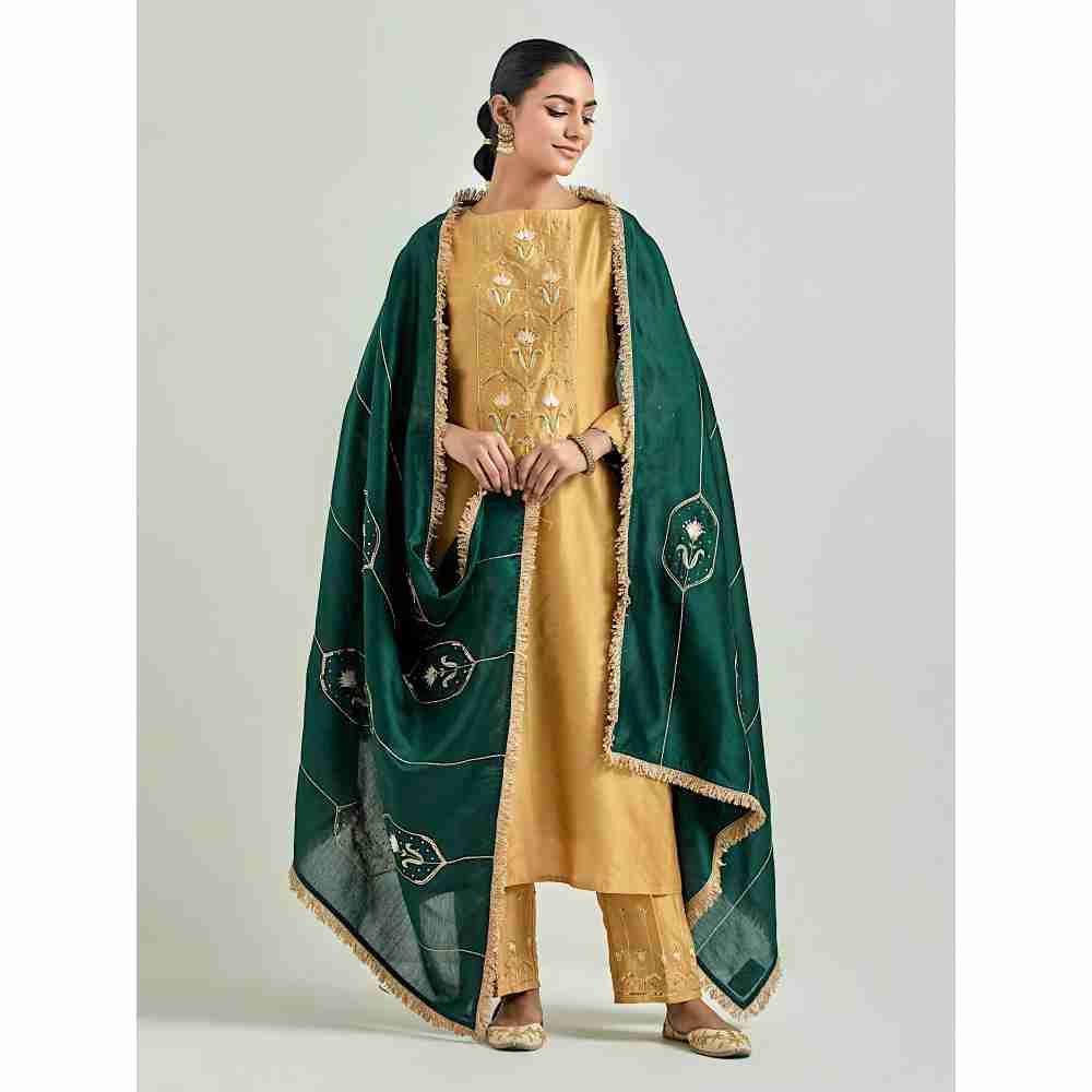 Anantaa by Roohi Trehan Dark Green Silk Chanderi Embroidered Dupatta with Gota