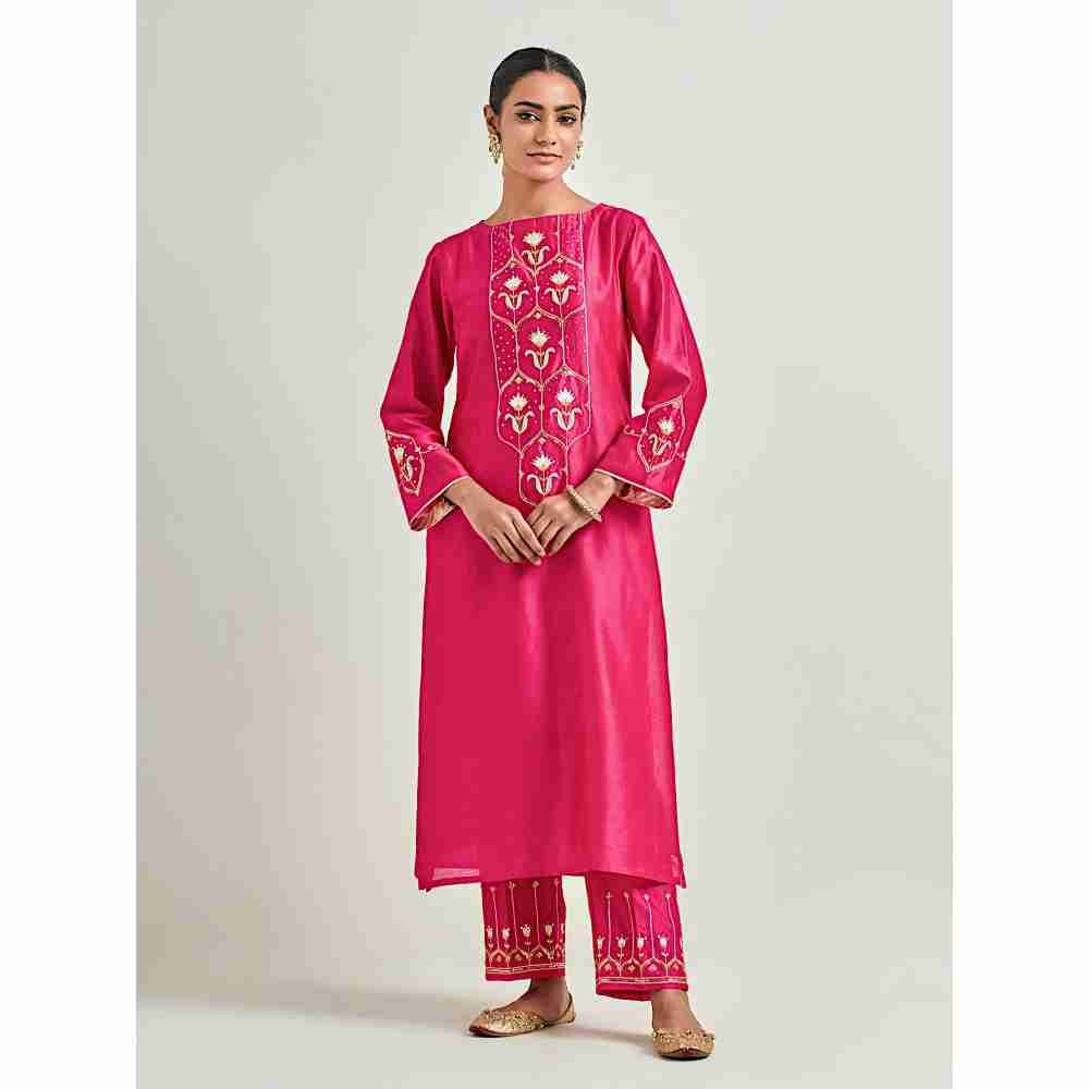 Anantaa by Roohi Trehan Magenta Hand Embroidered Silk Chanderi Kurta with Gota