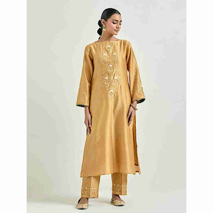 Anantaa by Roohi Trehan Mustard Hand Embroidered Silk Chanderi Kurta with Gota