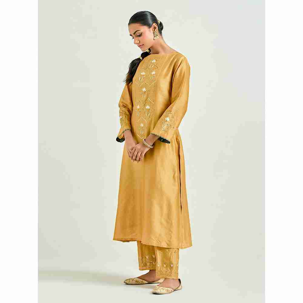 Anantaa by Roohi Trehan Mustard Hand Embroidered Silk Chanderi Kurta with Gota