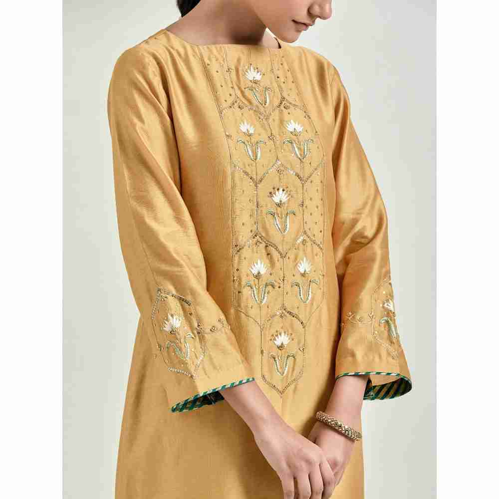 Anantaa by Roohi Trehan Mustard Hand Embroidered Silk Chanderi Kurta with Gota