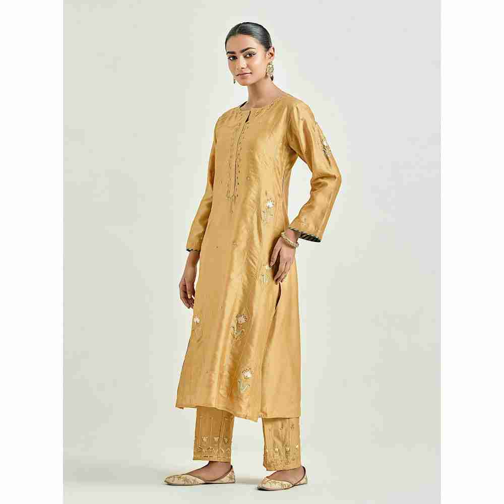 Anantaa by Roohi Trehan Mustard Hand Embroidered Silk Chanderi Kurta with Gota