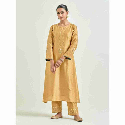 Anantaa by Roohi Trehan Mustard Hand Embroidered Silk Chanderi Kurta with Gota