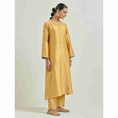 Anantaa by Roohi Trehan Mustard Hand Embroidered Silk Chanderi Kurta with Gota