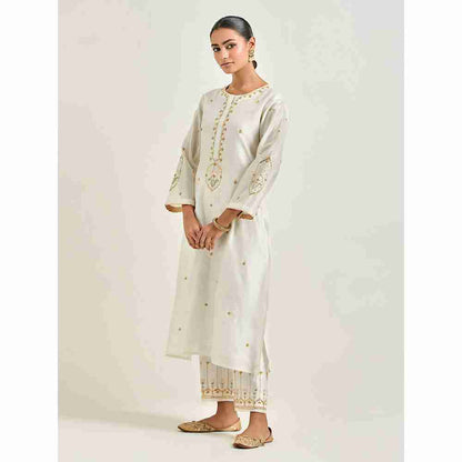Anantaa by Roohi Trehan Off White Hand Embroidered Silk Chanderi Kurta with Gota
