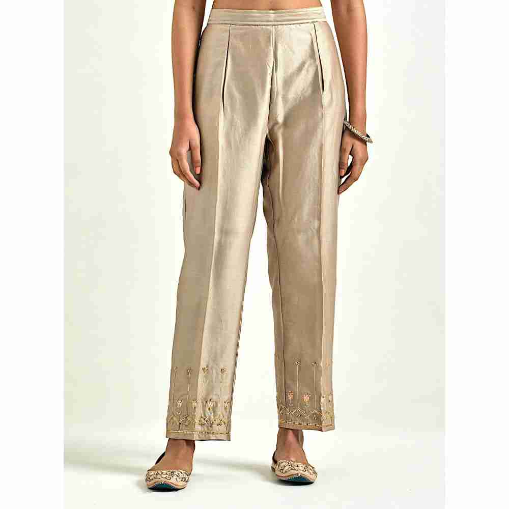 Anantaa by Roohi Trehan Brown Silk Chanderi Palazzo with Embroidered Hem